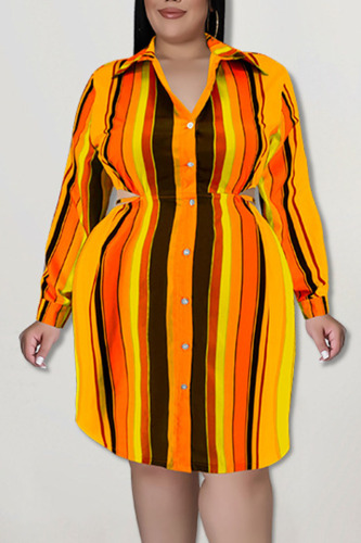Tangerine Red Casual Striped Print Hollowed Out Patchwork Buckle Turndown Collar Shirt Dress Plus Size Dresses