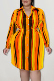 Royal Blue Casual Striped Print Hollowed Out Patchwork Buckle Turndown Collar Shirt Dress Plus Size Dresses