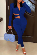 Deep Blue Sexy Solid Bandage Hollowed Out Patchwork Asymmetrical Turn-back Collar Long Sleeve Two Pieces