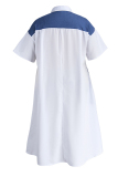 White Fashion Casual Plus Size Patchwork Contrast Zipper Collar Short Sleeve Dress