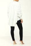 White Casual Daily Solid Fold Mandarin Collar Tops