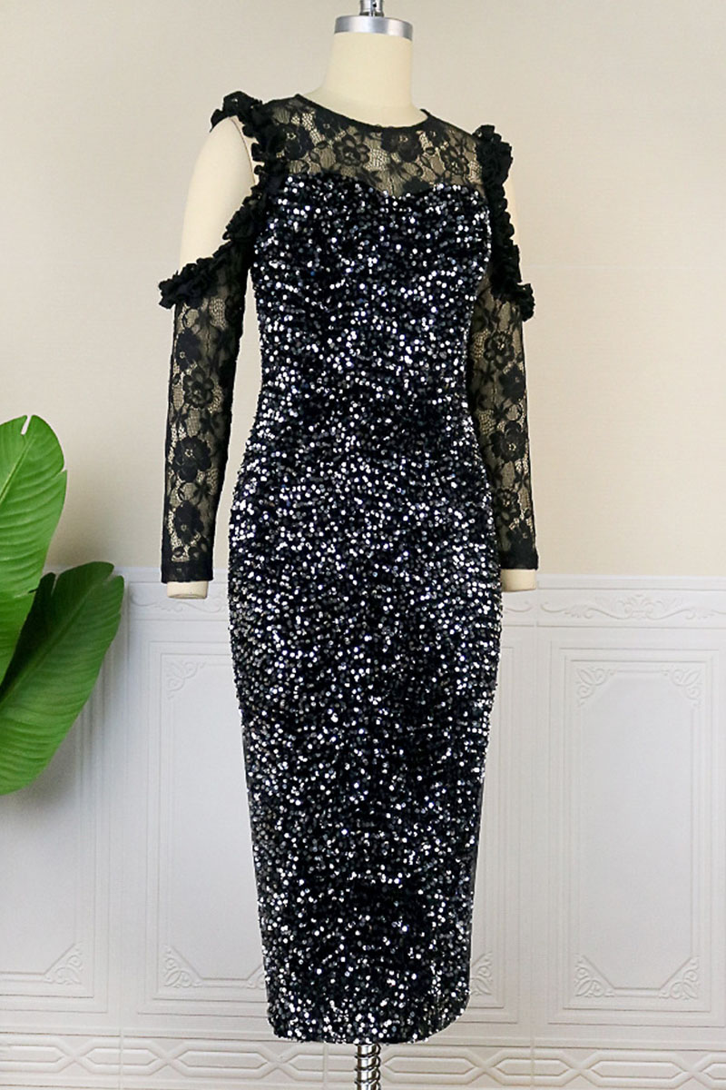 Elegant Round Neckline Sequins Patchwork Wholesale Evening Dress