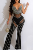 White Sexy Patchwork Hot Drilling See-through Backless V Neck Regular Jumpsuits