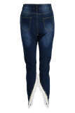 Deep Blue Casual Solid Patchwork Asymmetrical High Waist Denim Jeans