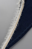 Deep Blue Casual Solid Patchwork Asymmetrical High Waist Denim Jeans