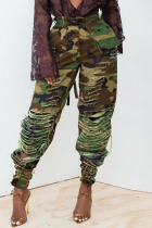 Camouflage Casual Street Camouflage Print Ripped Patchwork Straight High Waist Full Print Bottoms