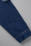 Deep Blue Fashion Casual Solid Ripped Turndown Collar Long Sleeve Regular Denim Jacket