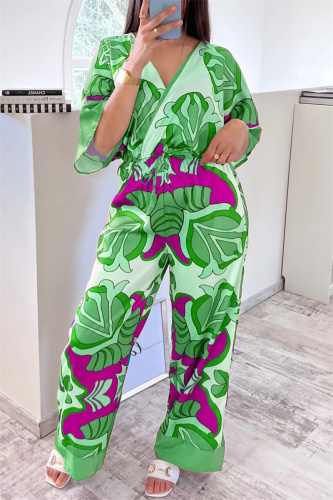 Green Casual Print Patchwork V Neck Regular Jumpsuits
