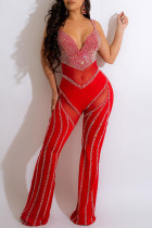 Red Sexy Patchwork Hot Drilling See-through Backless V Neck Regular Jumpsuits