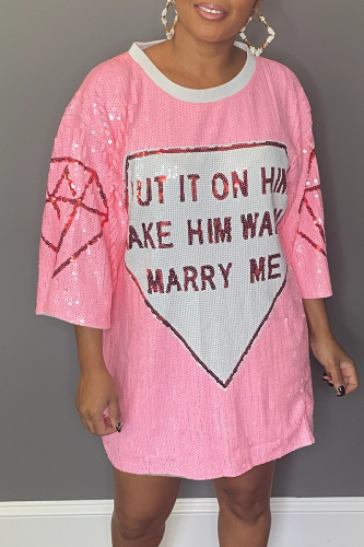 Pink Street Print Letter O Neck Straight Dresses