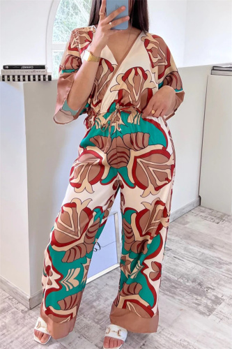 Brown Casual Print Patchwork V Neck Regular Jumpsuits