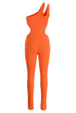 Orange Sexy Casual Solid Hollowed Out Backless One Shoulder Skinny Jumpsuits