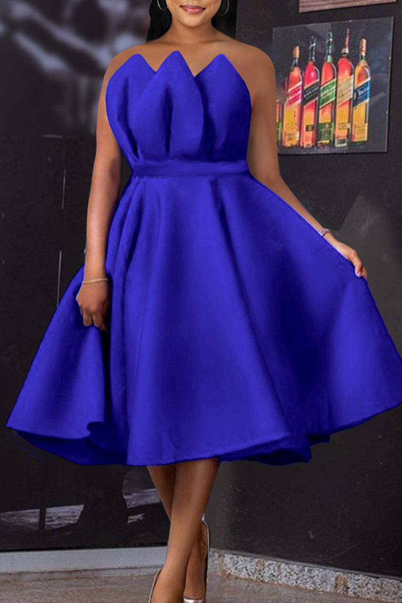Wholesale Blue Elegant Solid Patchwork Fold Strapless A Line Dresses ...