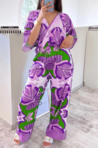 Purple Casual Print Patchwork V Neck Regular Jumpsuits