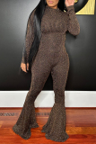 Gold Sexy Solid Sequined Half A Turtleneck Skinny Jumpsuits