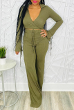 Green Sexy Casual Solid Strap Design Turndown Collar Long Sleeve Two Pieces