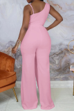 Pink Casual Solid Patchwork V Neck Boot Cut Jumpsuits