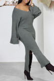Grey Casual Solid Slit V Neck Long Sleeve Dresses