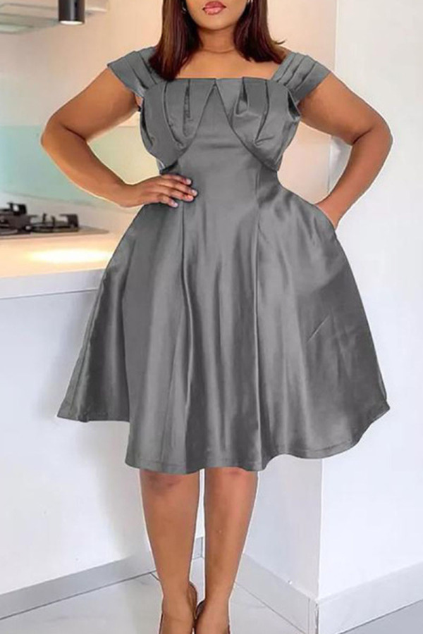 Grey Casual Solid Patchwork Square Collar A Line Dresses