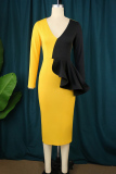 Yellow Casual Solid Patchwork Contrast V Neck Long Sleeve Dresses