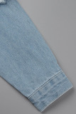 Light Blue Fashion Casual Solid Ripped Turndown Collar Long Sleeve Regular Denim Jacket
