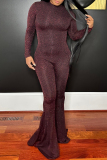 Burgundy Sexy Solid Sequined Half A Turtleneck Skinny Jumpsuits