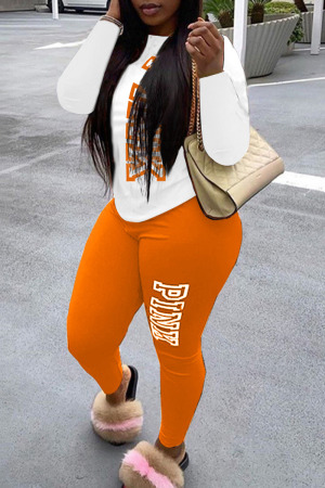 Orange White Casual Print Patchwork O Neck Long Sleeve Two Pieces