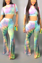 Multi-color Sexy Fashion crop top Tie Dye Slim fit Skinny Short Sleeve Two-piece Pants Set