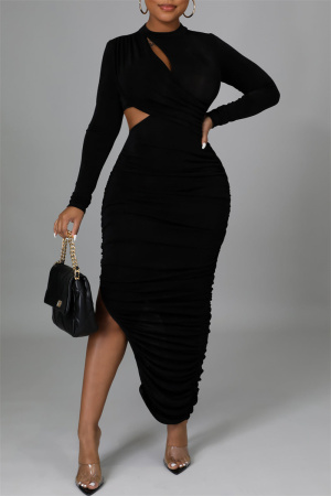 Black Sexy Casual Solid Hollowed Out Slit Fold O Neck Long Sleeve Dresses
