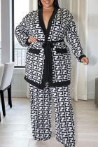 Black White Casual Print Bandage Patchwork Plus Size Two Pieces
