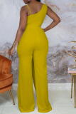 Yellow Casual Solid Patchwork V Neck Boot Cut Jumpsuits