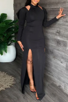 Black Sexy Solid Bandage Hollowed Out Patchwork Backless Slit Straight Dresses