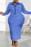 Red Casual Striped Print Patchwork Turndown Collar Long Sleeve Plus Size Dresses