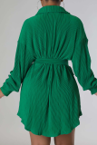 Green Casual Solid Patchwork Turndown Collar Shirt Dress Dresses