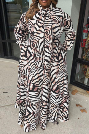 Zebra Casual Elegant Animal Knotted Printing Ribbon Collar Printed Dress Plus Size