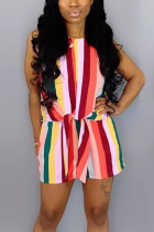 Multi-color Casual Fashion Striped bandage Geometric Sleeveless Peter Pan Collar Rompers