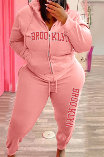 Pink Casual Print Patchwork Hooded Collar Plus Size Two Pieces