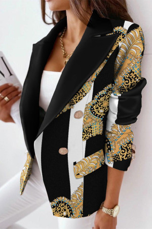 Black Yellow Fashion Casual Print Patchwork Slit Turn-back Collar Outerwear
