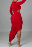 Red Sexy Casual Solid Hollowed Out Slit Fold O Neck Long Sleeve Dresses