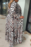Zebra Casual Elegant Animal Knotted Printing Ribbon Collar Printed Dress Plus Size