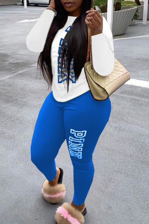 Blue White Casual Print Patchwork O Neck Long Sleeve Two Pieces