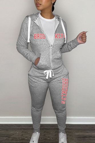 Grey Street Print Letter Hooded Collar Long Sleeve Two Pieces