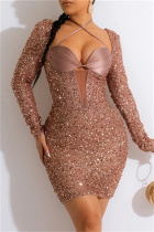 Bare Color Sexy Patchwork Bandage Sequins Backless Square Collar Long Sleeve Dresses