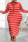 Blue Casual Striped Print Patchwork Turndown Collar Long Sleeve Plus Size Dresses