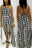 Black and white Casual Fashion Polka Dot bandage Asymmetrical Split Sleeveless Slip Jumpsuits