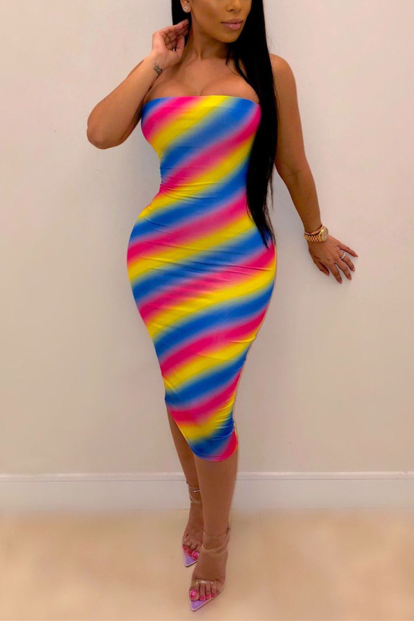 Multi-color Sexy Fashion adult Off The Shoulder Sleeveless Wrapped chest Step Skirt Mid-Calf Print Str