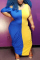 blue and yellow OL Fashion adult O Neck Solid Split Patchwork contrast color Plus Size Dresses