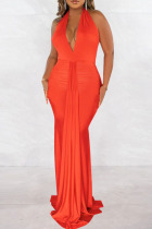 Orange Sexy Solid Bandage Backless Halter Long Dress Dresses