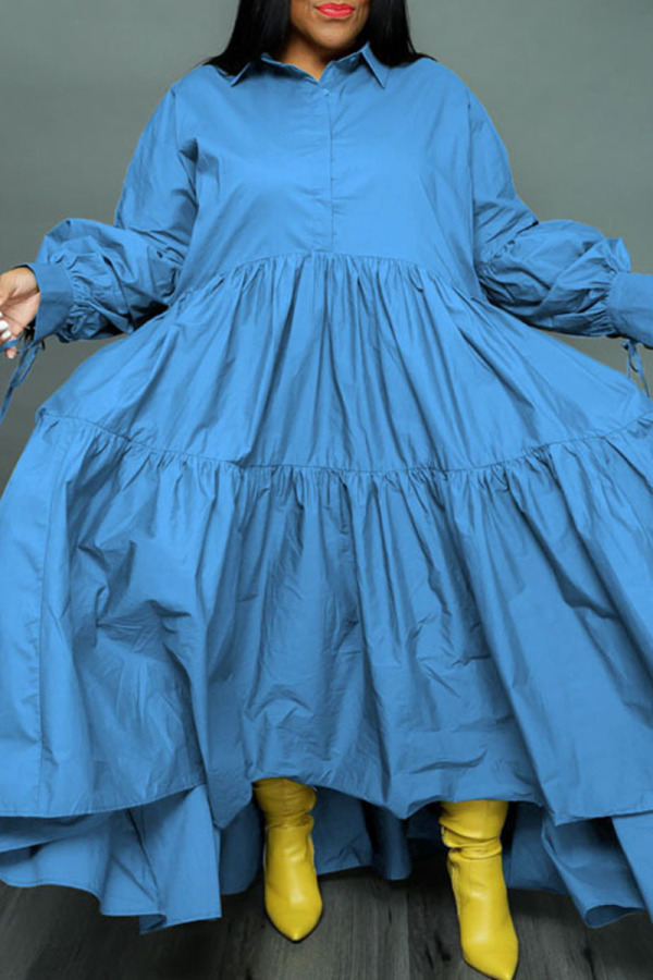 Casual Vintage Solid Fold Turndown Collar Shirt Dress Dresses