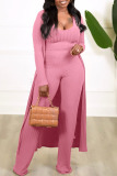 Pink Casual Solid Patchwork U Neck Long Sleeve Three-piece Set